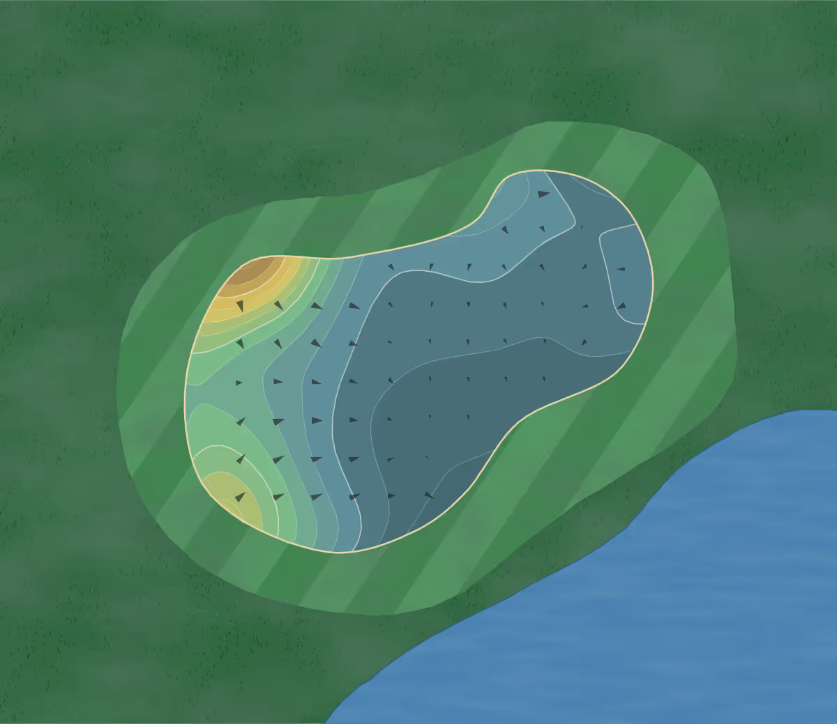 Green contour map of Pumpkin Vine in Lancaster, Ohio — 166 elevation contours at a 3-inch interval with fall-line arrows, traced from 1-meter lidar