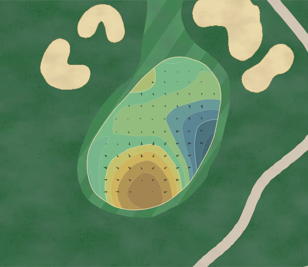 Green contour map of Punderson GC in Newbury, Ohio — 164 elevation contours at a 3-inch interval with fall-line arrows, traced from 1-meter lidar