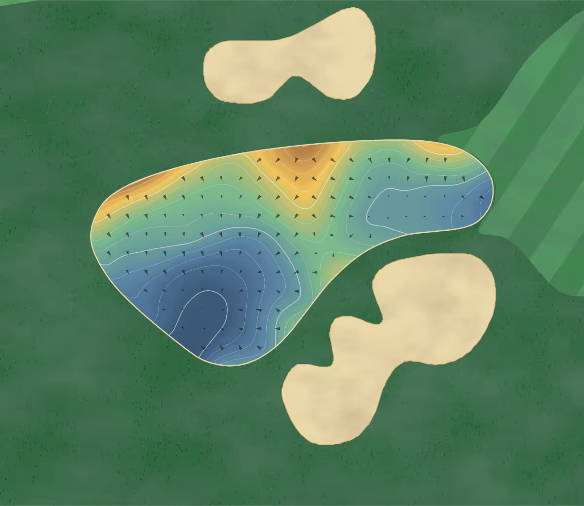 Green contour map of Purgatory GC in Noblesville, Indiana: 224 elevation contours at a 3-inch interval with fall-line arrows, traced from 1-meter lidar