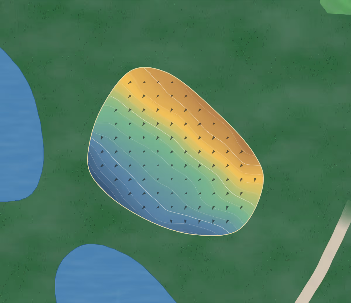 Green contour map of Purple Sage in Caldwell, Idaho — 102 elevation contours at a 3-inch interval with fall-line arrows, traced from 1-meter lidar