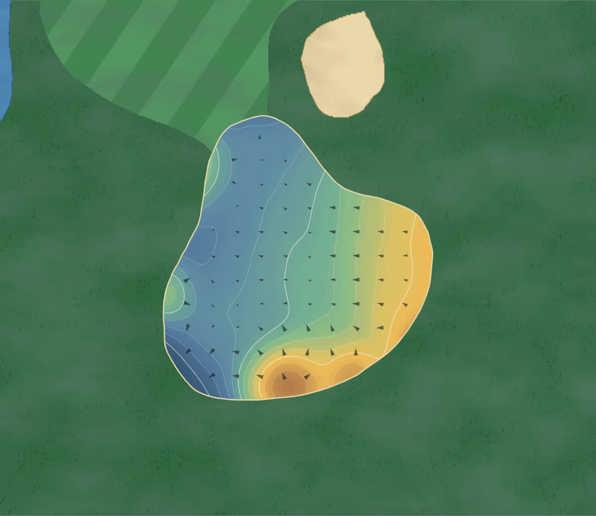 Green contour map of Puslinch Lake in Cambridge, Canada — 189 elevation contours at a 8-centimeter interval with fall-line arrows, traced from 1-meter lidar