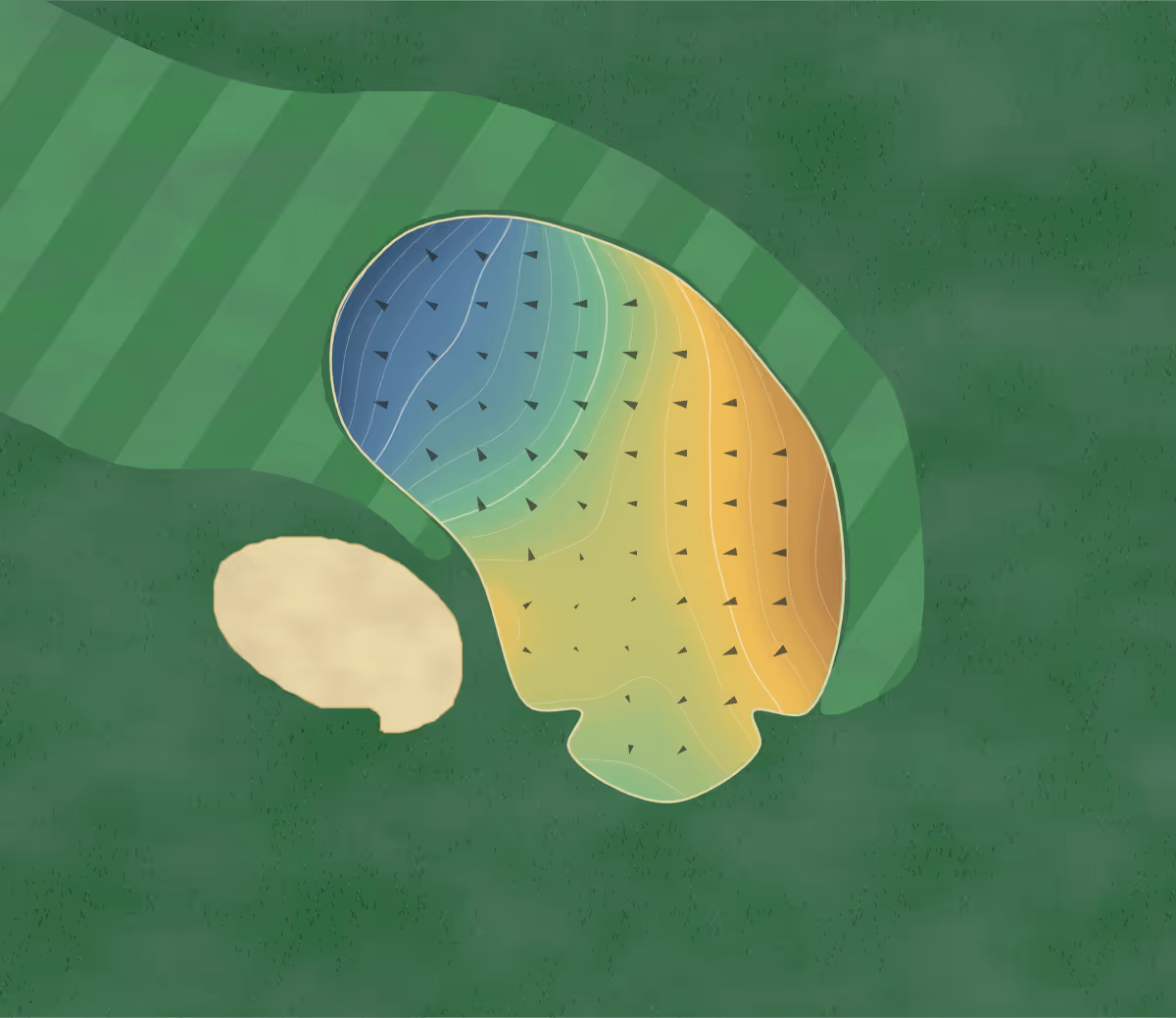 Green contour map of Quail Creek G. & C. C. in Oklahoma City, Oklahoma — 221 elevation contours at a 3-inch interval with fall-line arrows, traced from 1-meter lidar