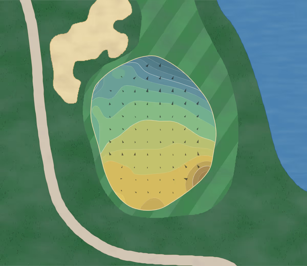 Green contour map of Quail Lodge in Carmel, California — 181 elevation contours at a 3-inch interval with fall-line arrows, traced from 1-meter lidar