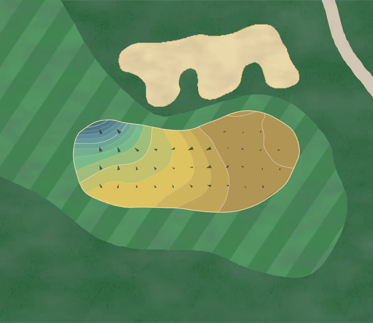 Green contour map of Quarry Gc in San Antonio, Texas — 170 elevation contours at a 3-inch interval with fall-line arrows, traced from 1-meter lidar