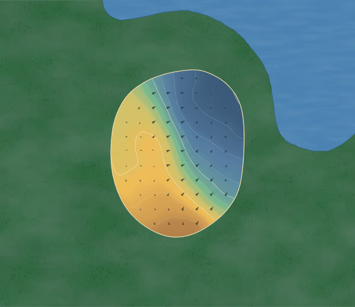 Green contour map of Quarry Lakes in Haydon, Canada: 55 elevation contours at a 8-centimeter interval with fall-line arrows, traced from 1-meter lidar