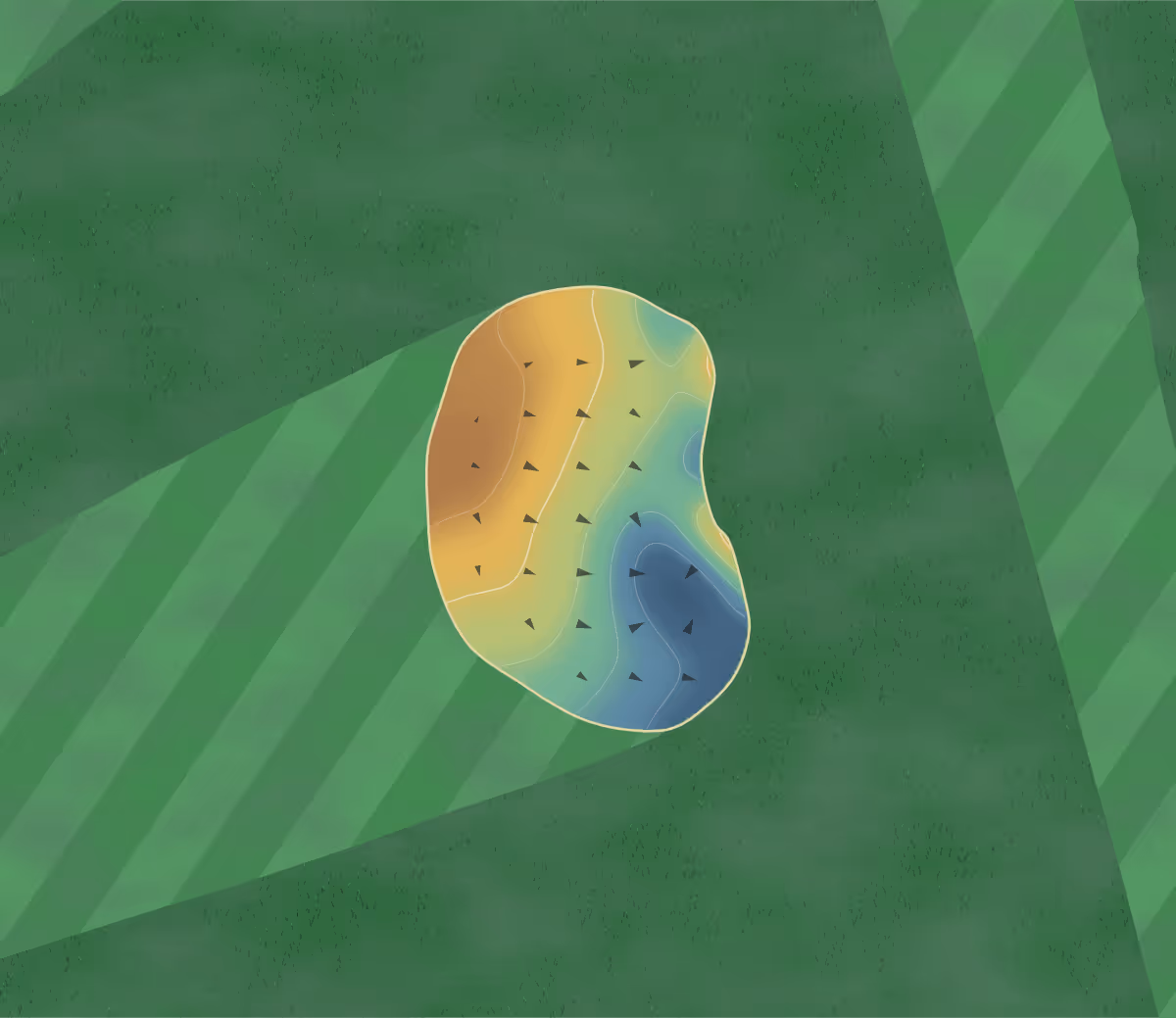 Green contour map of Queens Park Pitch and Putt in London, United Kingdom: 58 elevation contours at a 8-centimeter interval with fall-line arrows, traced from 1-meter lidar