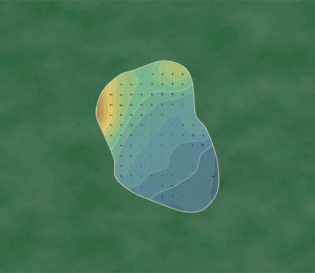 Green contour map of Queensbury GC in Bradford, England — 109 elevation contours at a 8-centimeter interval with fall-line arrows, traced from 1-meter lidar