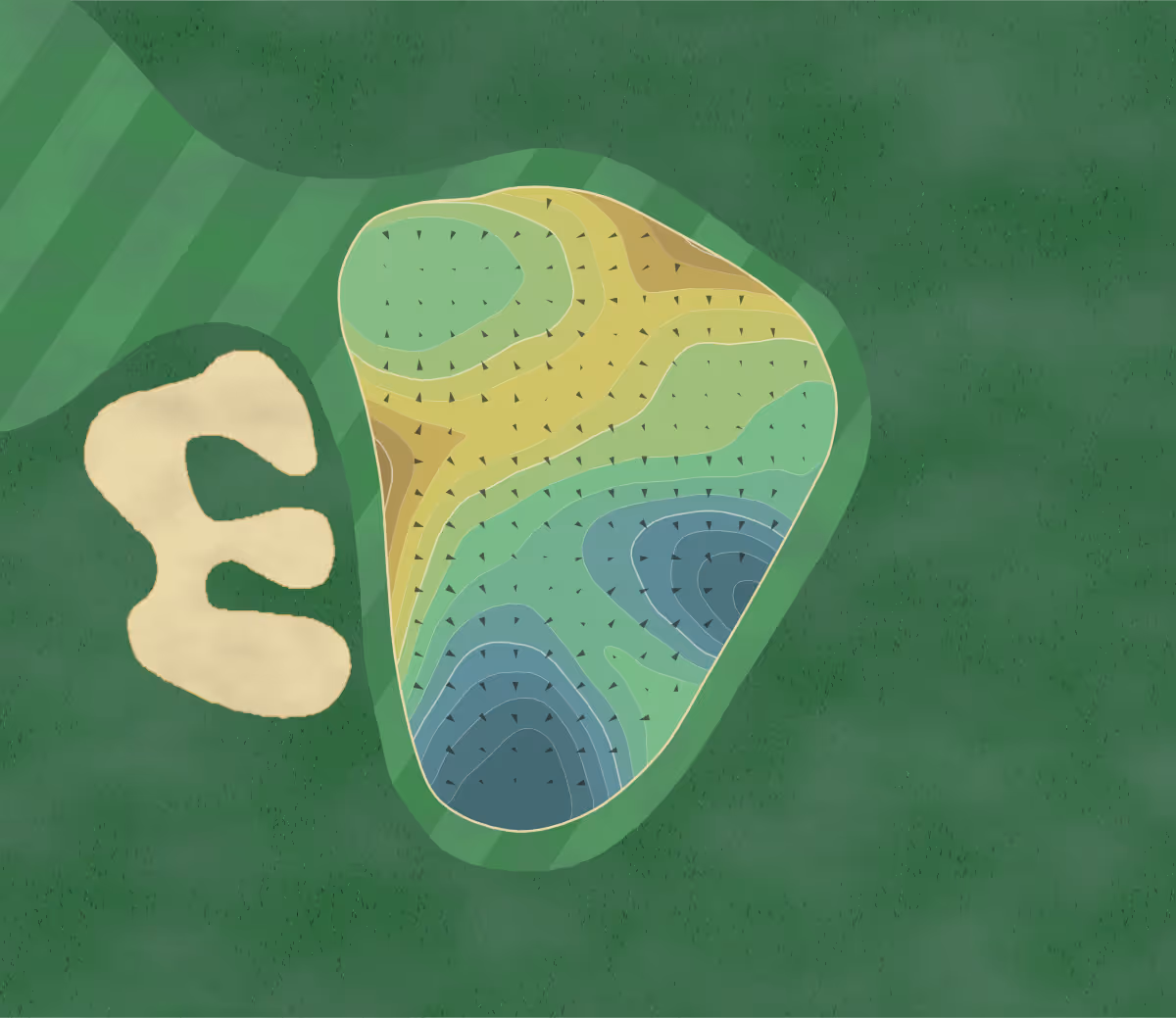 Green contour map of Queenwood GC in Ottershaw, England — 261 elevation contours at a 8-centimeter interval with fall-line arrows, traced from 1-meter lidar
