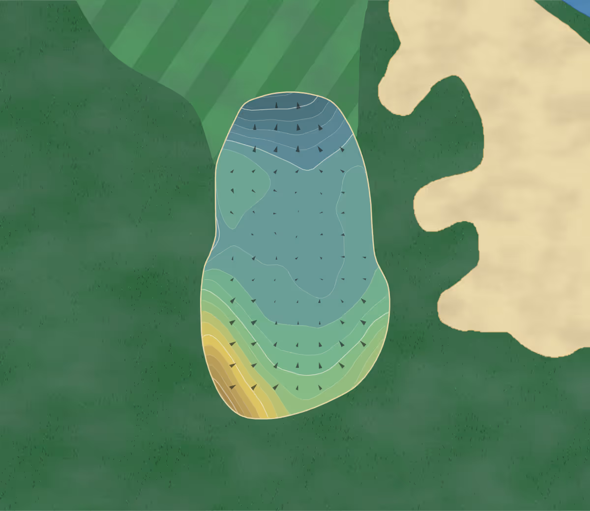 Green contour map of Quicksand GC in San Angelo, Texas — 158 elevation contours at a 3-inch interval with fall-line arrows, traced from 1-meter lidar