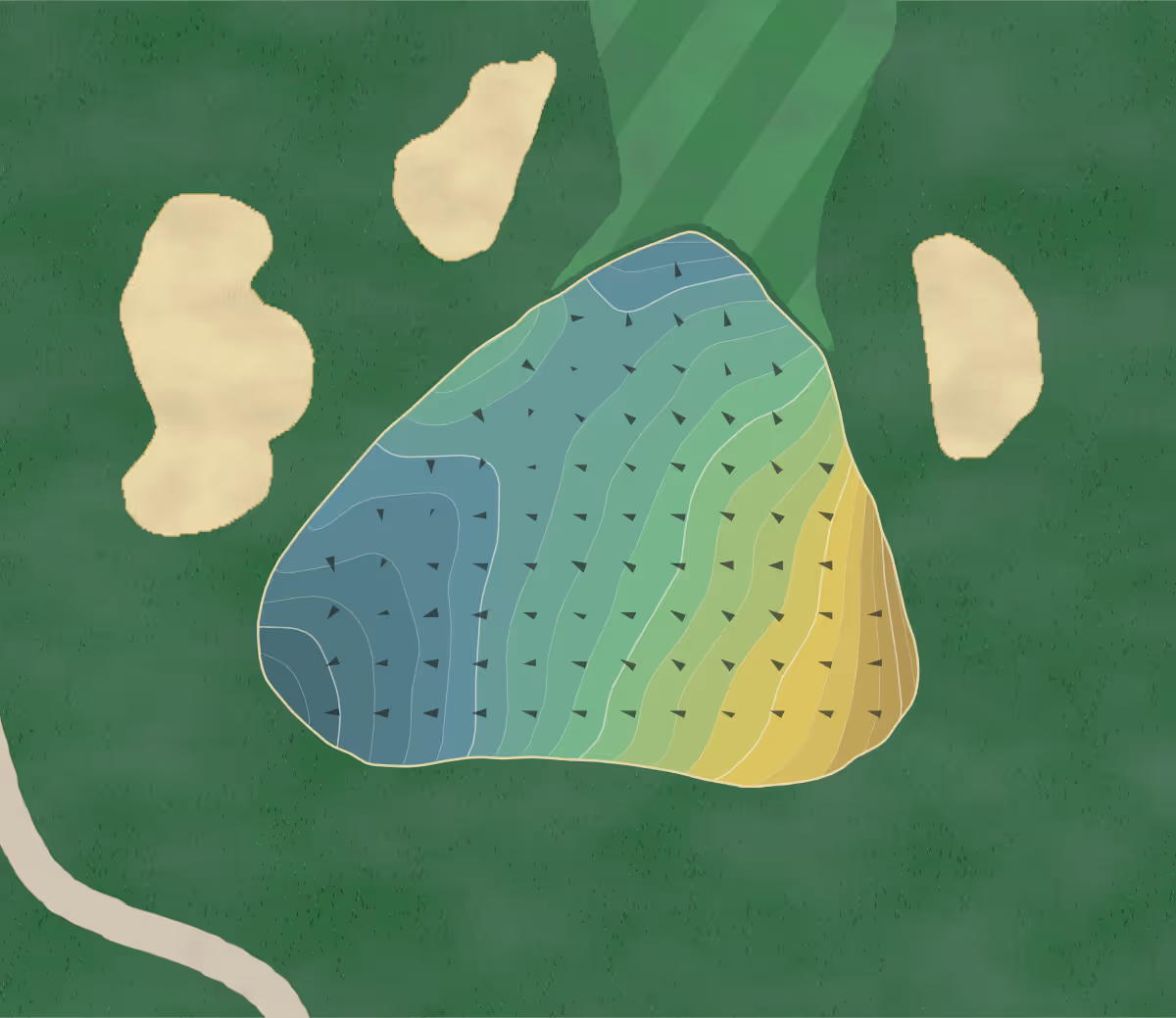 Green contour map of Quinnatisset CC in Thompson, Connecticut — 202 elevation contours at a 3-inch interval with fall-line arrows, traced from 1-meter lidar