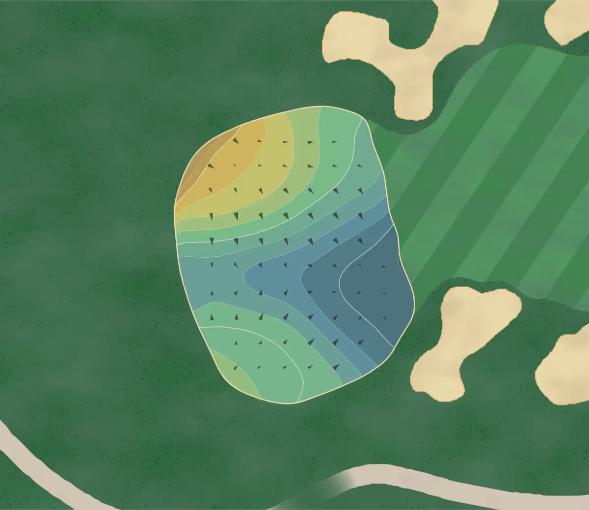 Green contour map of Quintero Golf in Peoria, Arizona — 202 elevation contours at a 3-inch interval with fall-line arrows, traced from 1-meter lidar