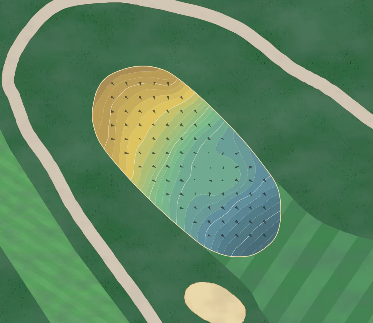 Green contour map of Raceway GC in Thompson, Connecticut — 249 elevation contours at a 3-inch interval with fall-line arrows, traced from 1-meter lidar