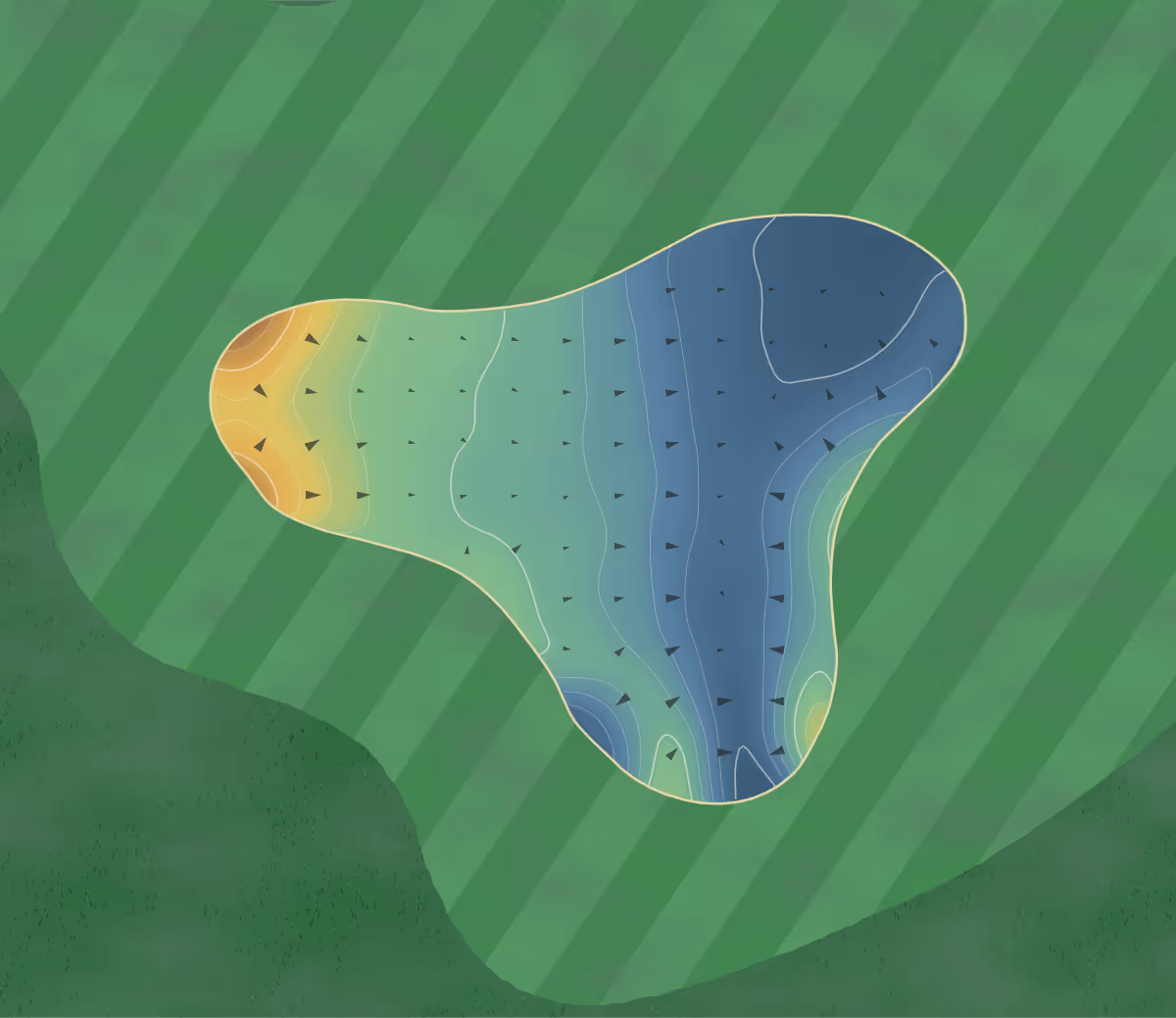 Green contour map of Royal Pines in Benowa, Australia — 93 elevation contours at a 8-centimeter interval with fall-line arrows, traced from 1-meter lidar