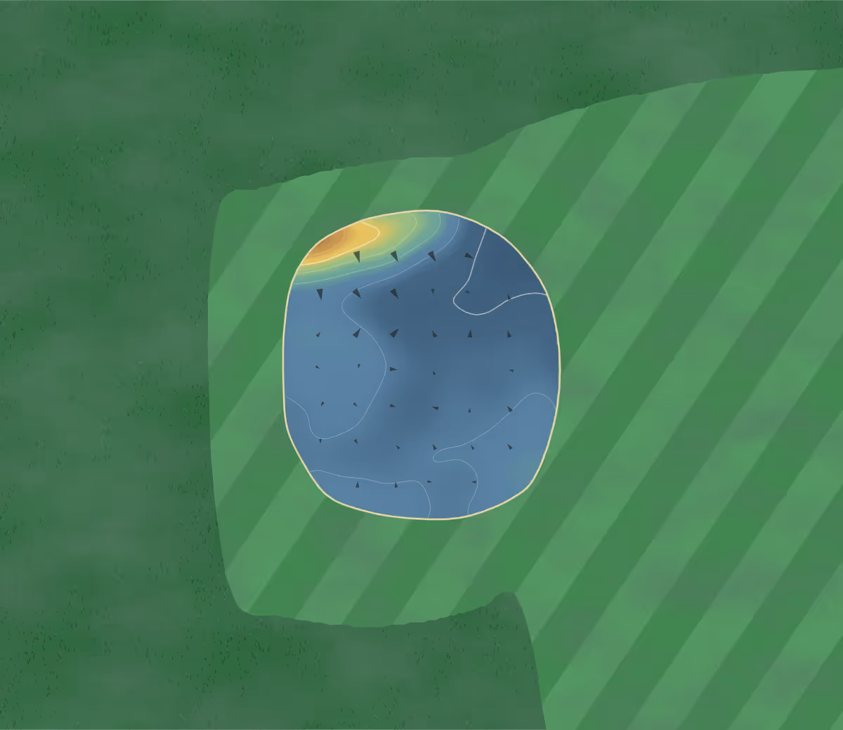 Green contour map of RAF Cranwell in Sleaford, England: 17 elevation contours at a 8-centimeter interval with fall-line arrows, traced from 1-meter lidar