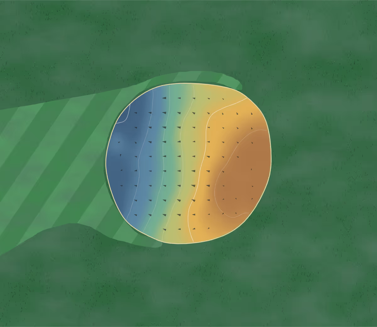 Green contour map of RAF Woodhall Spa in Woodhall Spa, England: 12 elevation contours at a 8-centimeter interval with fall-line arrows, traced from 1-meter lidar