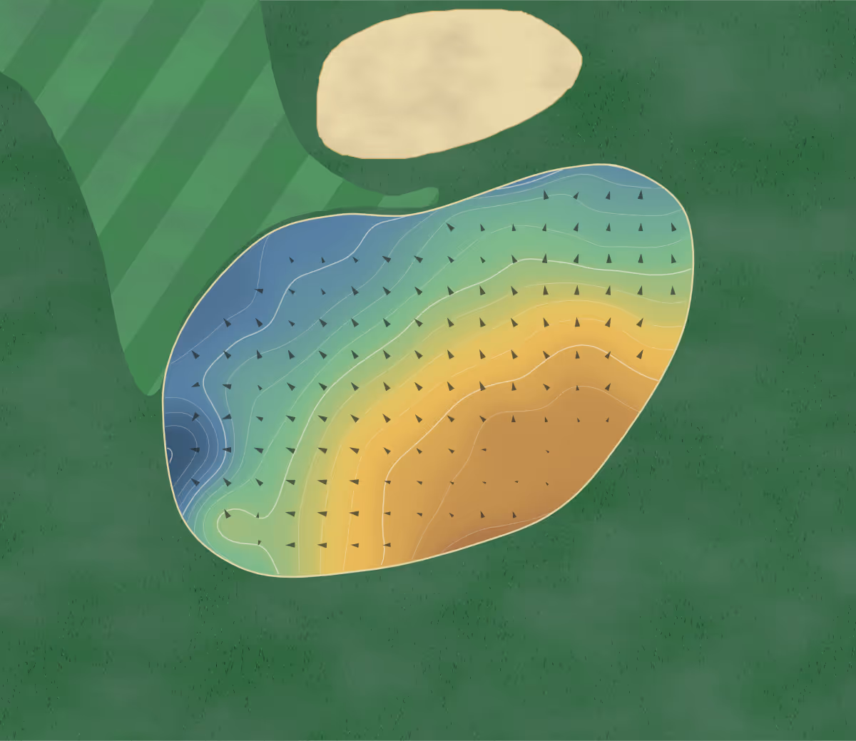 Green contour map of Rainbow Ridge in Manitoulin, Canada: 106 elevation contours at a 8-centimeter interval with fall-line arrows, traced from 1-meter lidar