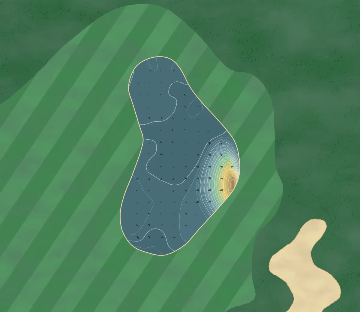 Green contour map of Raindance National in Windsor, Colorado — 661 elevation contours at a 3-inch interval with fall-line arrows, traced from 1-meter lidar