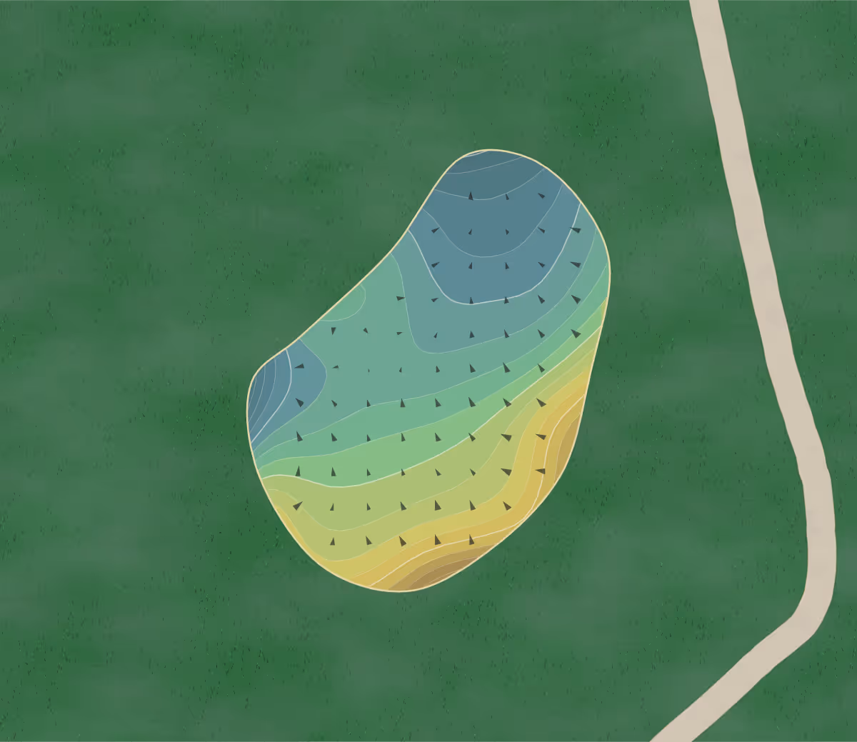 Green contour map of Raintree in Charlotte, North Carolina — 288 elevation contours at a 3-inch interval with fall-line arrows, traced from 1-meter lidar