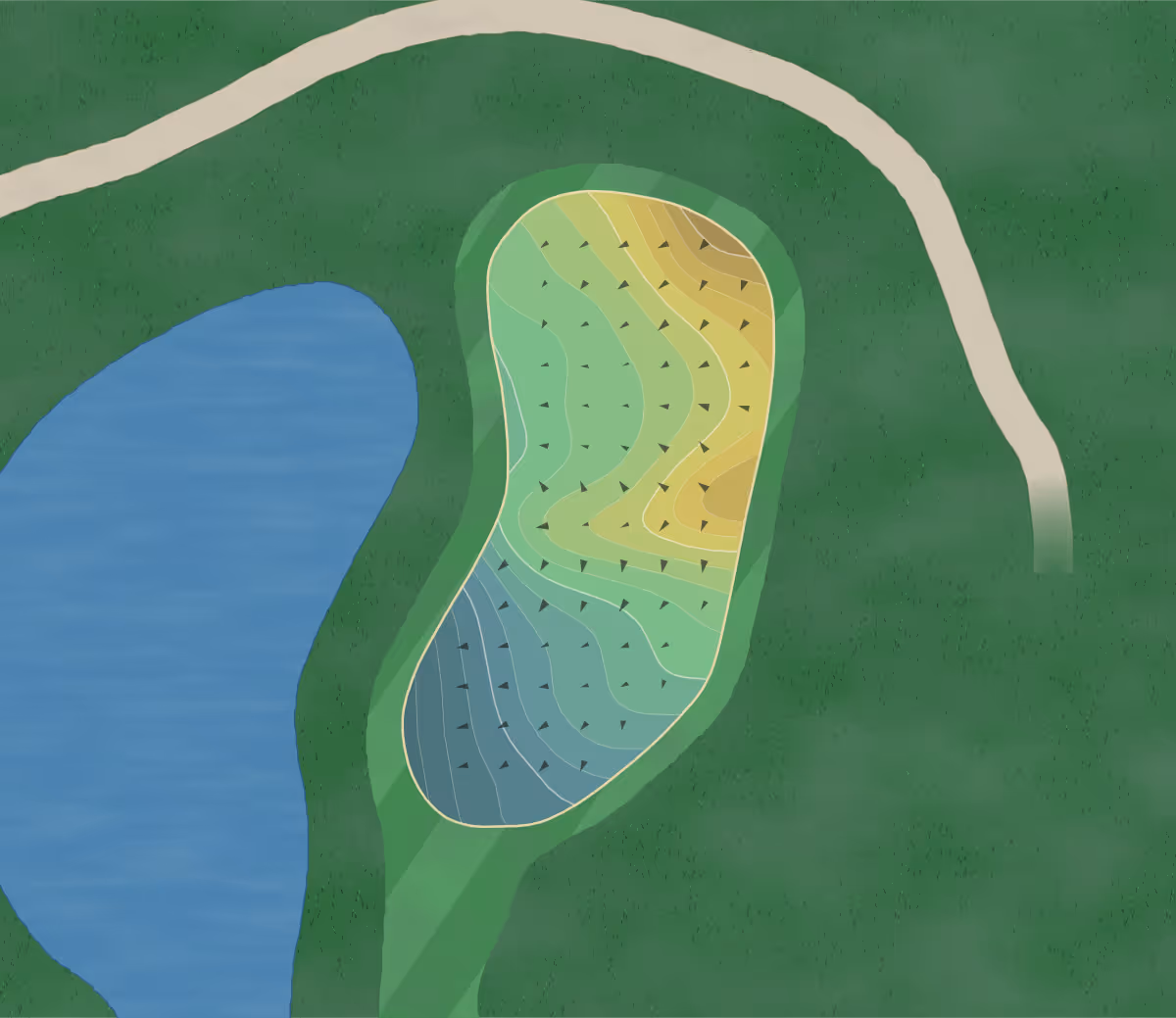 Green contour map of Raintree Golf in Uniontown, Ohio — 214 elevation contours at a 3-inch interval with fall-line arrows, traced from 1-meter lidar