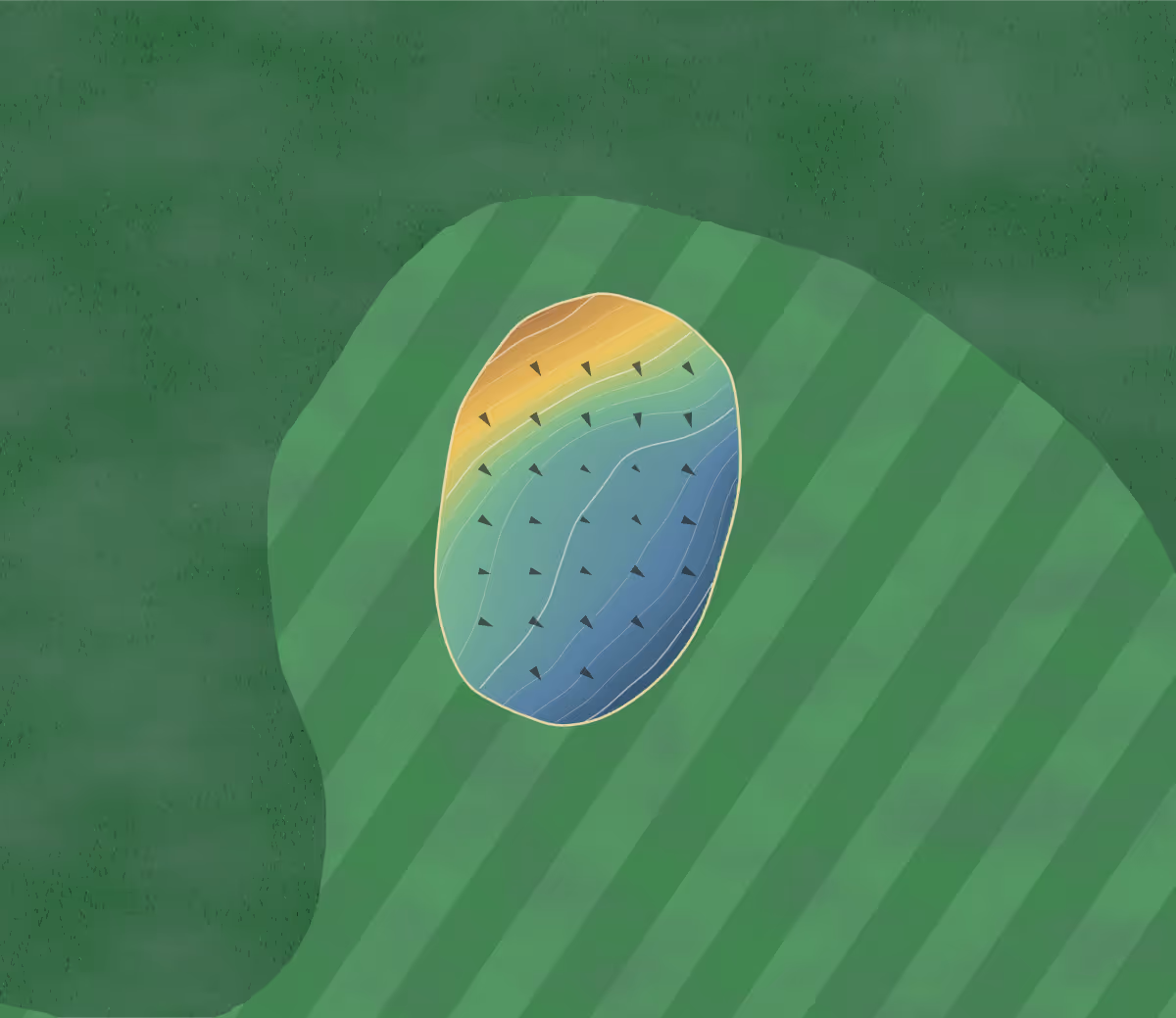 Green contour map of Rampside in Ulverston, United Kingdom — 73 elevation contours at a 8-centimeter interval with fall-line arrows, traced from 1-meter lidar