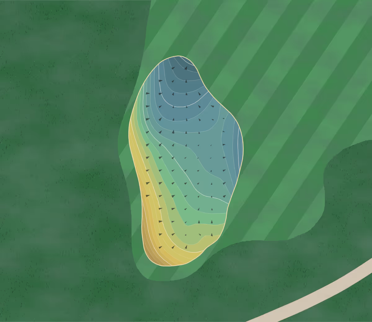 Green contour map of Rams Hill in Borrego Springs, California — 274 elevation contours at a 3-inch interval with fall-line arrows, traced from 1-meter lidar