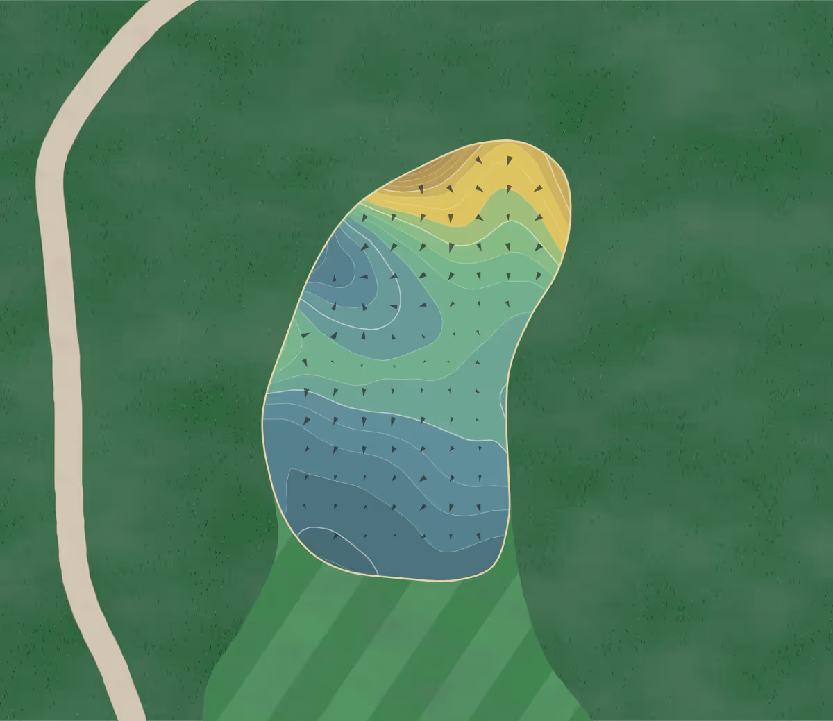 Green contour map of Ranch GC in Southwick, Massachusetts — 250 elevation contours at a 3-inch interval with fall-line arrows, traced from 1-meter lidar