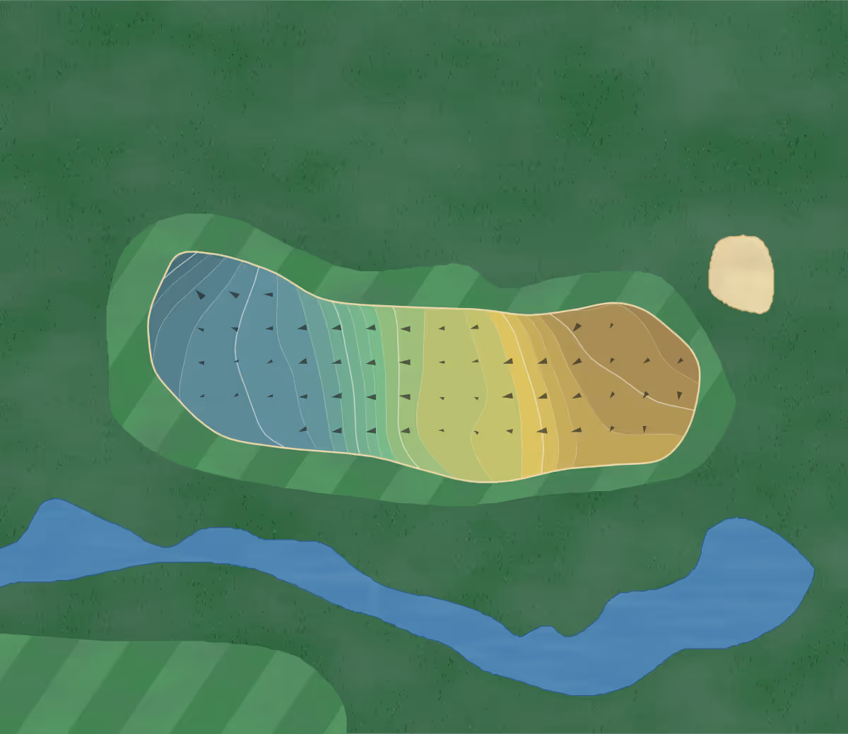 Green contour map of Rancho Bernardo in San Diego, California — 209 elevation contours at a 3-inch interval with fall-line arrows, traced from 1-meter lidar
