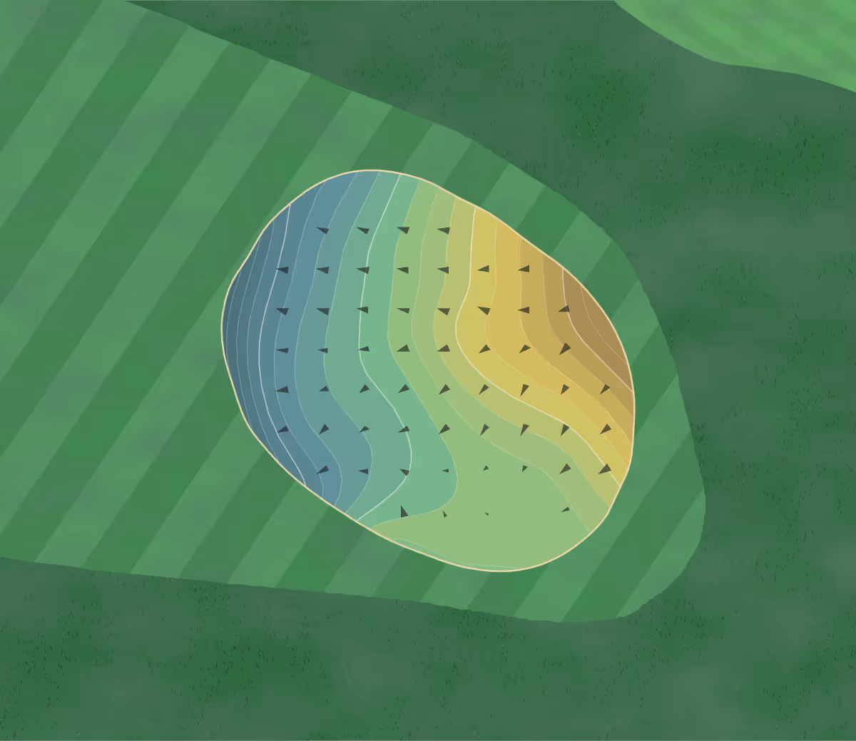 Green contour map of Rancho Duarte in Duarte, California — 109 elevation contours at a 3-inch interval with fall-line arrows, traced from 1-meter lidar