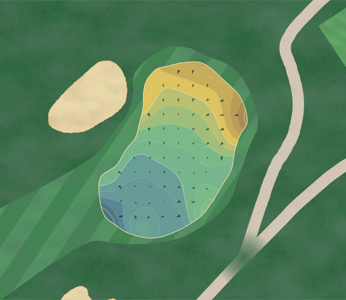 Green contour map of Rancho Park in Los Angeles, California — 280 elevation contours at a 3-inch interval with fall-line arrows, traced from 1-meter lidar