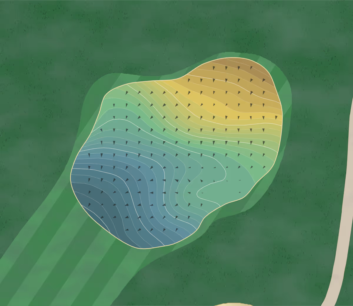 Green contour map of Rancho Solano in Fairfield, California — 302 elevation contours at a 3-inch interval with fall-line arrows, traced from 1-meter lidar