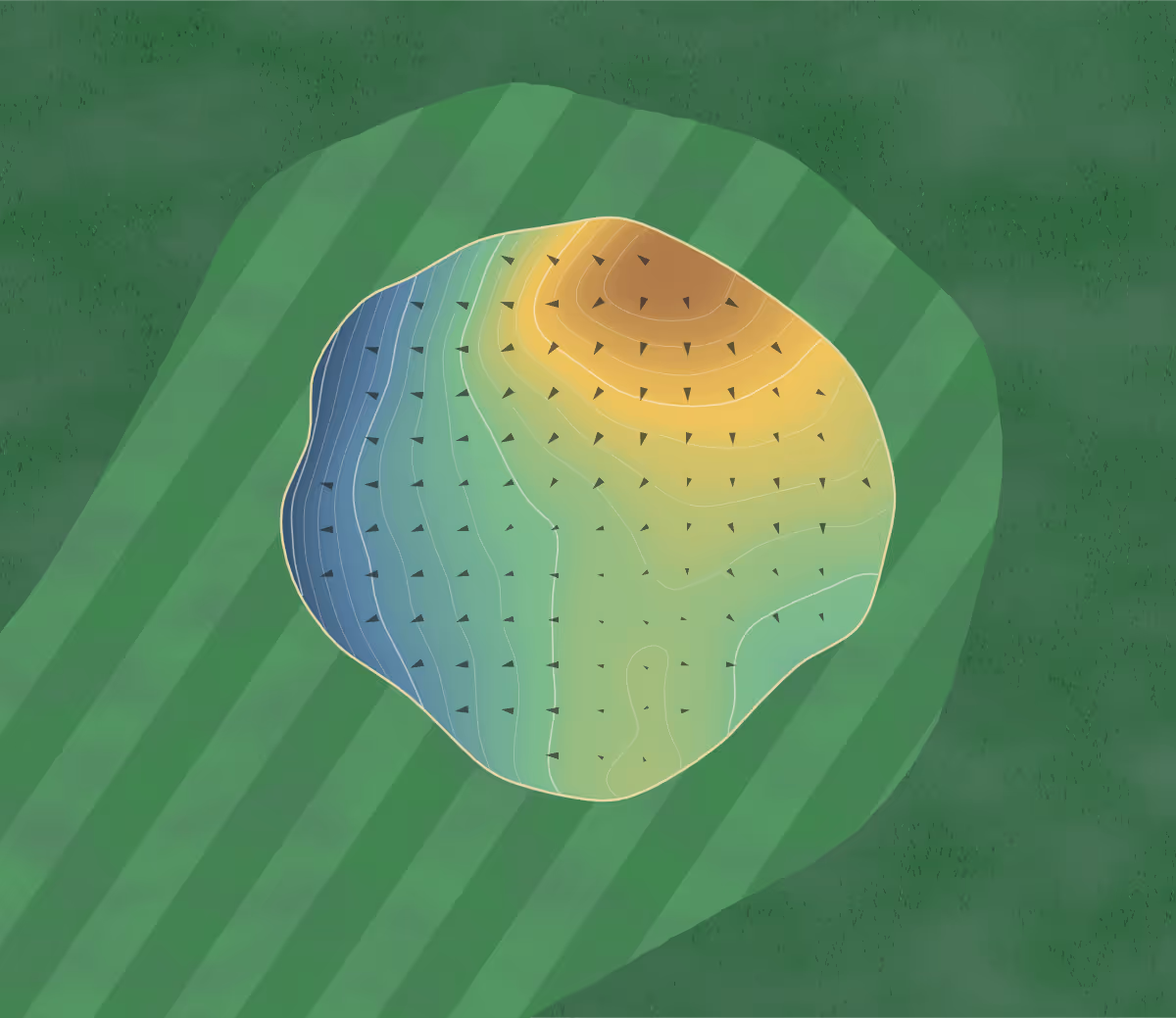 Green contour map of Randall Hills in Lake Andes, South Dakota: 106 elevation contours at a 3-inch interval with fall-line arrows, traced from 1-meter lidar