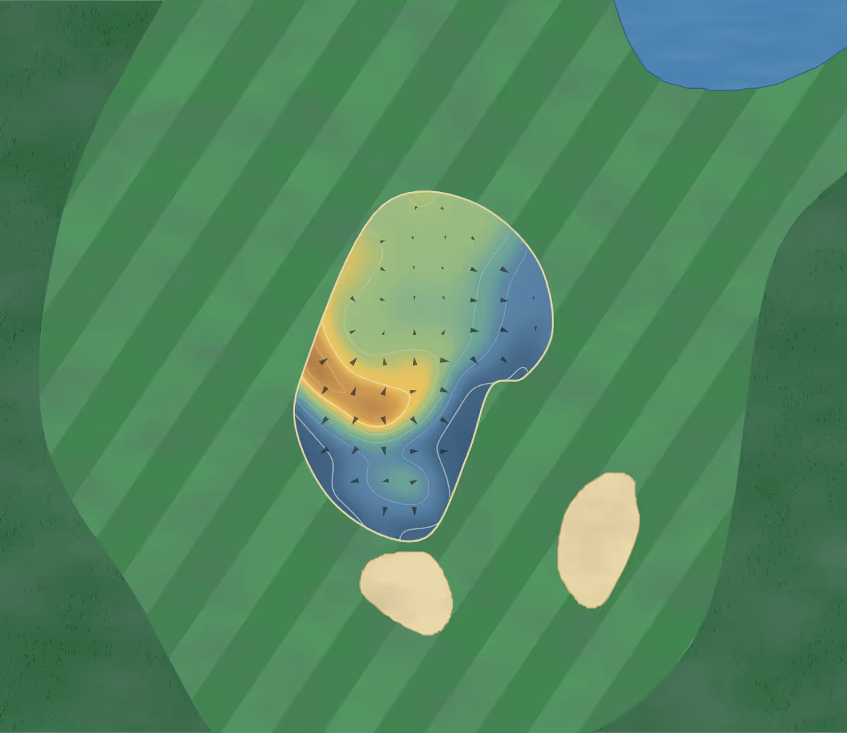 Green contour map of Benbecula Golf in Isle of Benbecula, United Kingdom — 30 elevation contours at a 8-centimeter interval with fall-line arrows, traced from 1-meter lidar