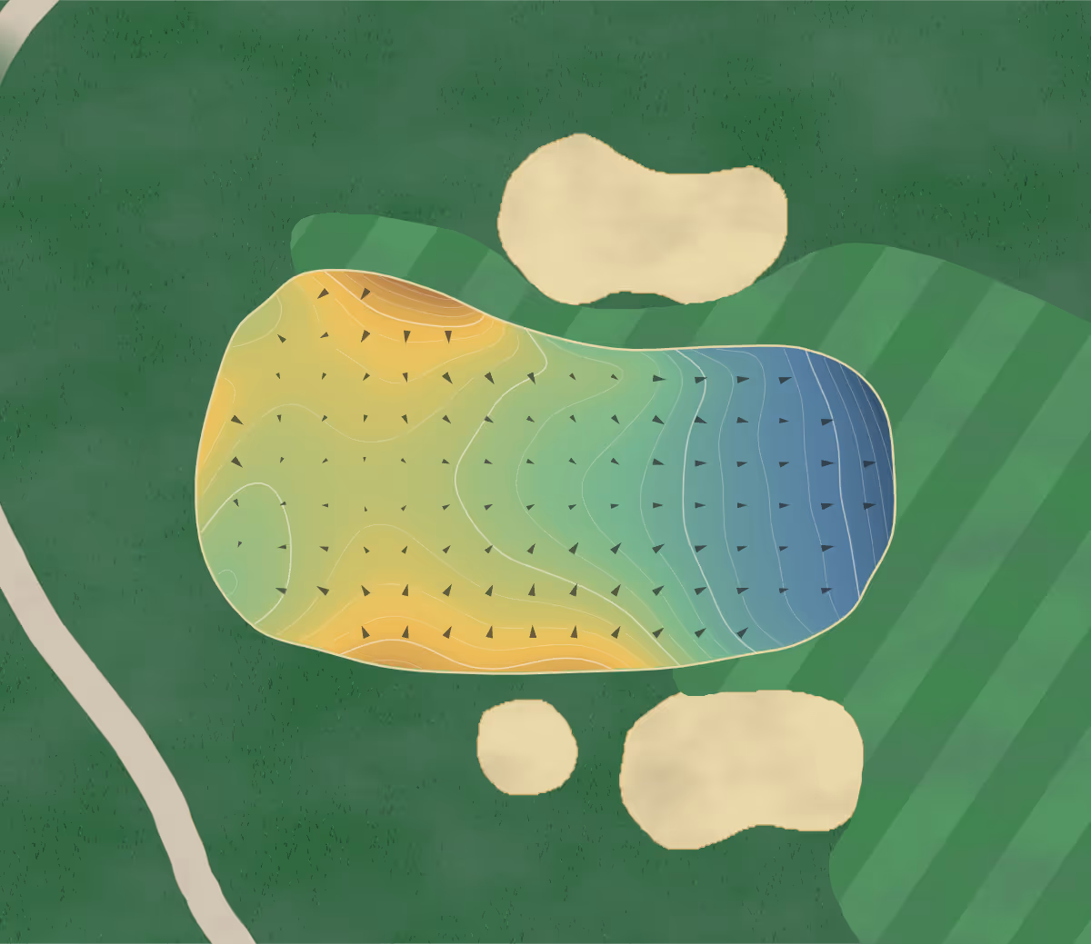 Green contour map of Rasberry Falls in Leesburg, Virginia — 209 elevation contours at a 3-inch interval with fall-line arrows, traced from 1-meter lidar