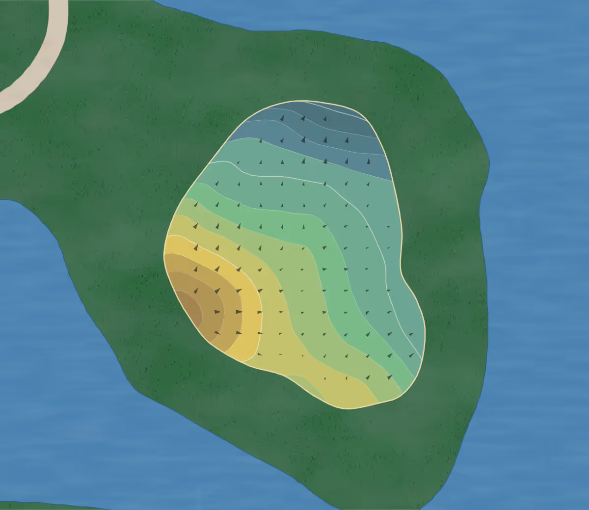 Green contour map of Rattlesnake Ridge in Sunbury, Ohio — 198 elevation contours at a 3-inch interval with fall-line arrows, traced from 1-meter lidar