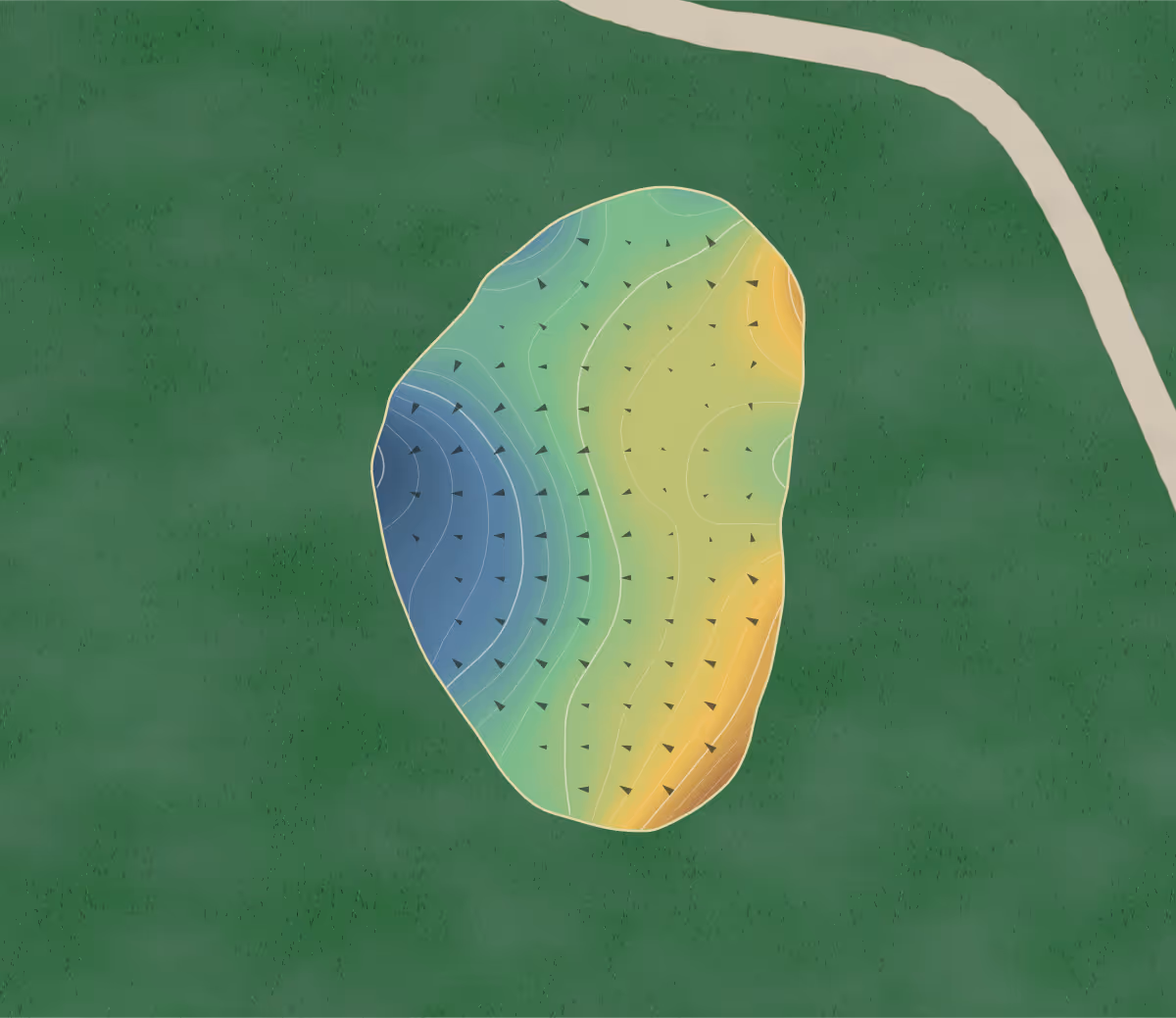 Green contour map of Red Bridge G&CC in Locust, North Carolina: 220 elevation contours at a 3-inch interval with fall-line arrows, traced from 1-meter lidar