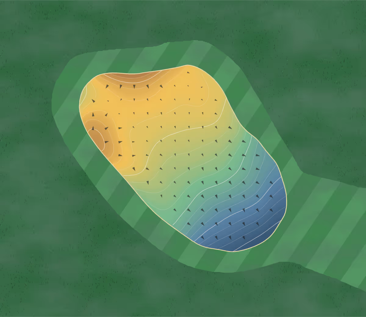 Green contour map of Red Hawk Golf Course in Geneseo, Illinois — 145 elevation contours at a 3-inch interval with fall-line arrows, traced from 1-meter lidar