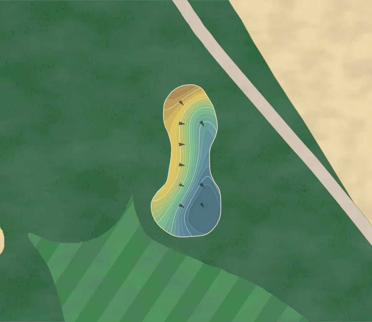 Green contour map of Red Hill in Rancho Cucamonga, California — 258 elevation contours at a 3-inch interval with fall-line arrows, traced from 1-meter lidar