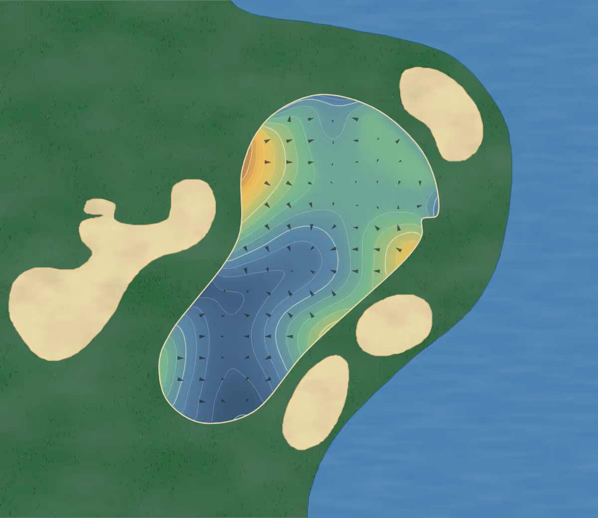Green contour map of Red Mountain Ranch in Mesa, Arizona: 279 elevation contours at a 3-inch interval with fall-line arrows, traced from 1-meter lidar