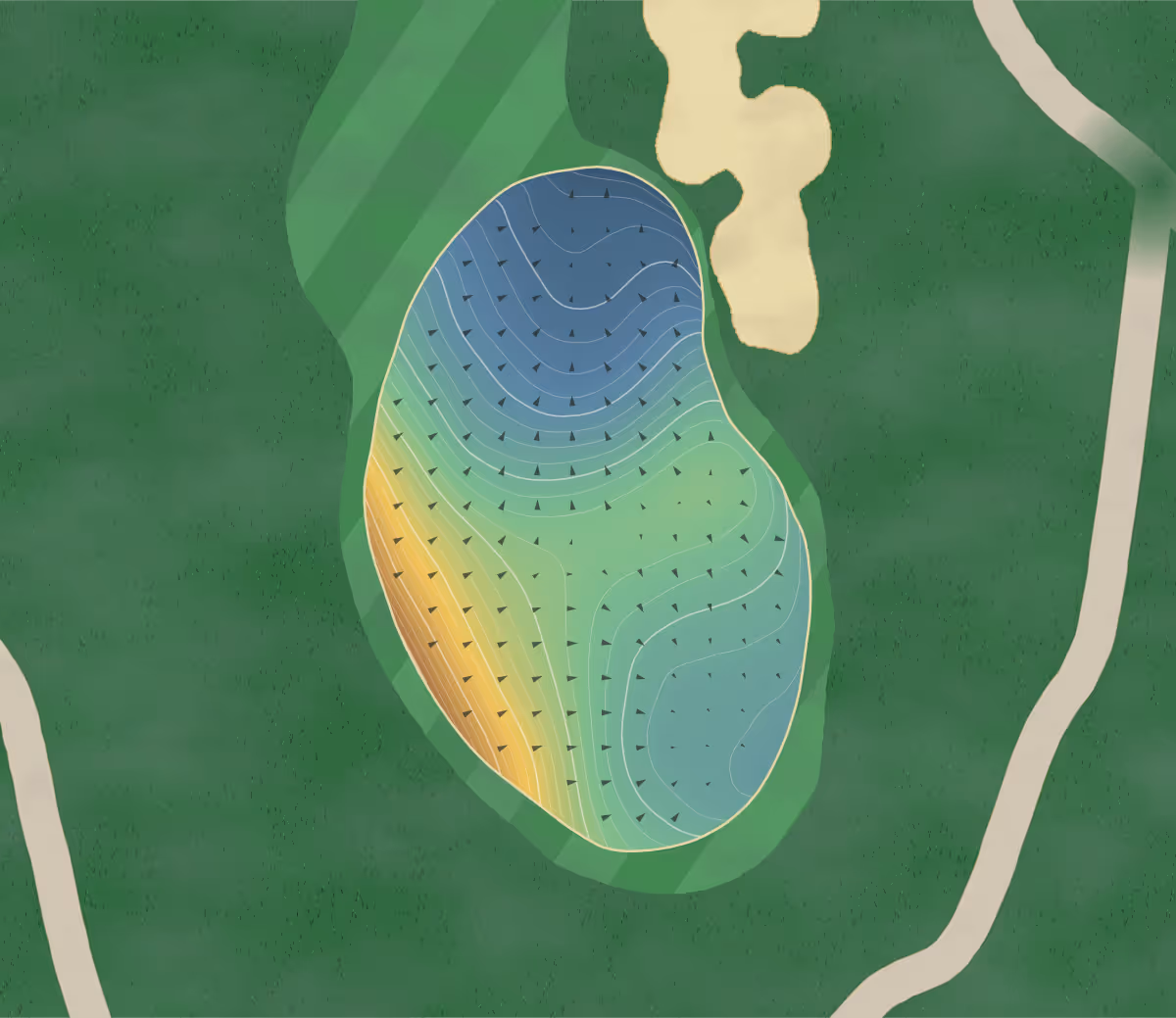 Green contour map of Red Sky Ranch Golf Club- Tom Fazio in Wolcott, Colorado — 302 elevation contours at a 3-inch interval with fall-line arrows, traced from 1-meter lidar