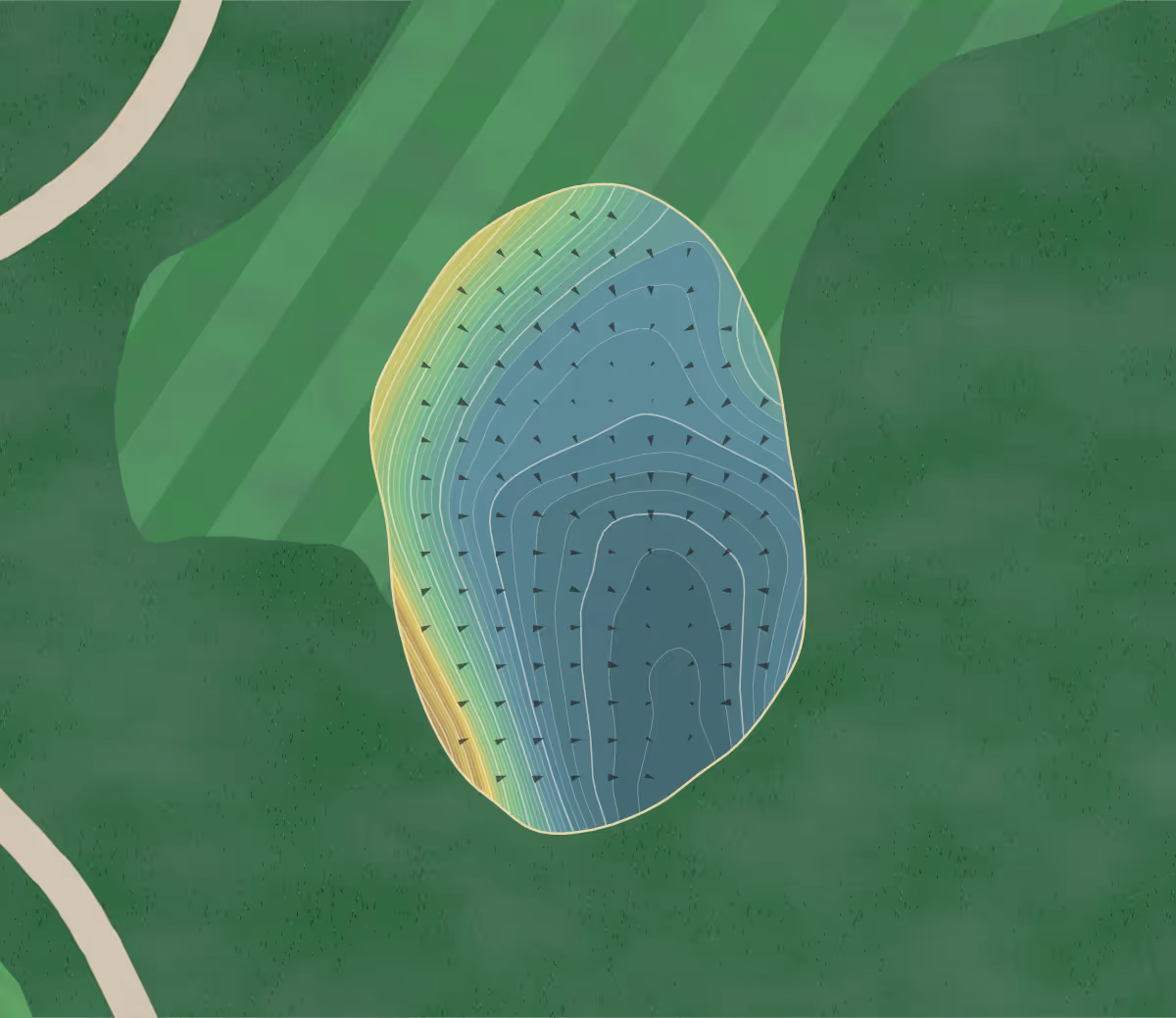 Green contour map of Red Tail in Devens, Massachusetts — 297 elevation contours at a 3-inch interval with fall-line arrows, traced from 1-meter lidar