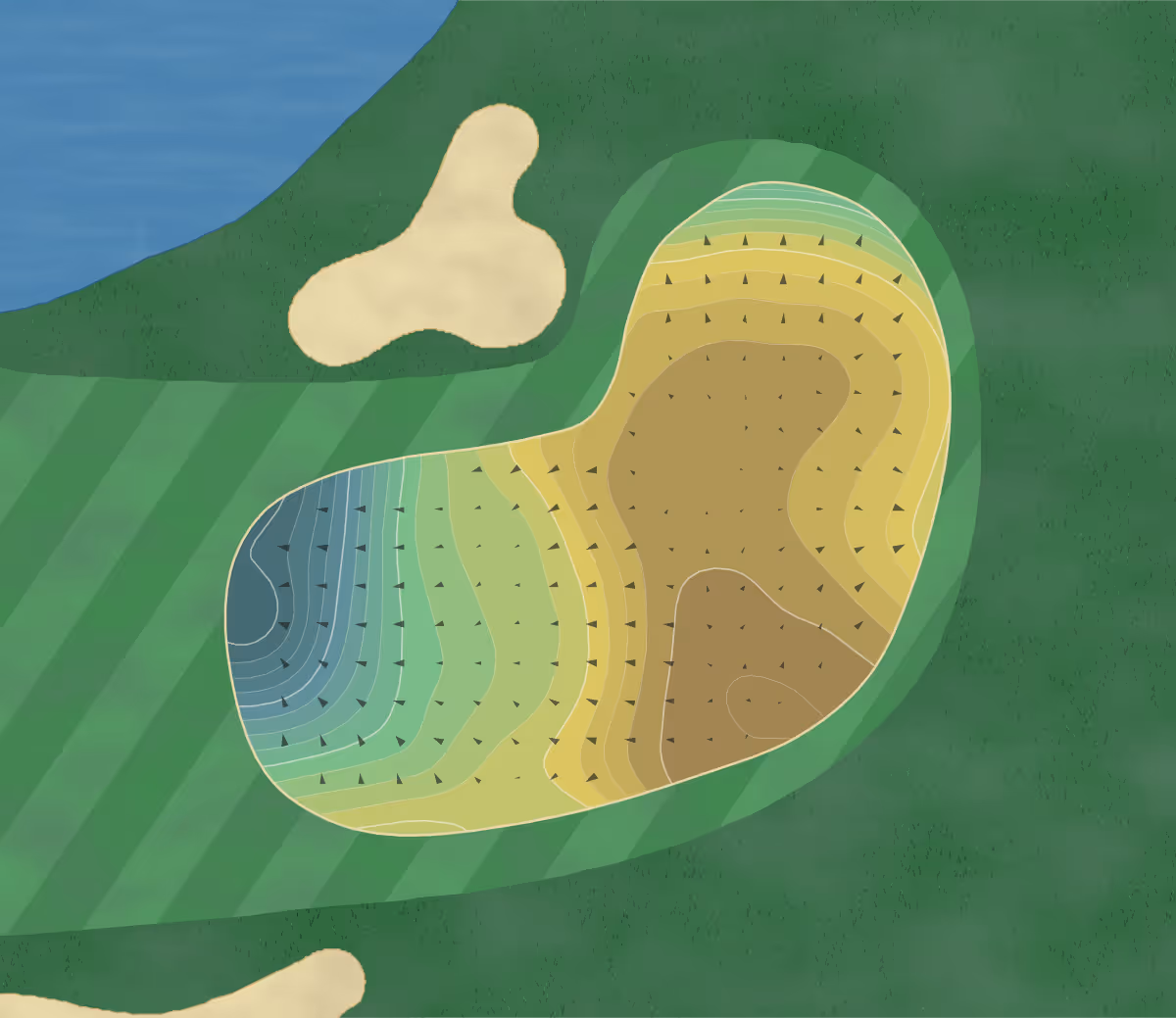 Green contour map of Red Tail Run in Decatur, Illinois — 162 elevation contours at a 3-inch interval with fall-line arrows, traced from 1-meter lidar