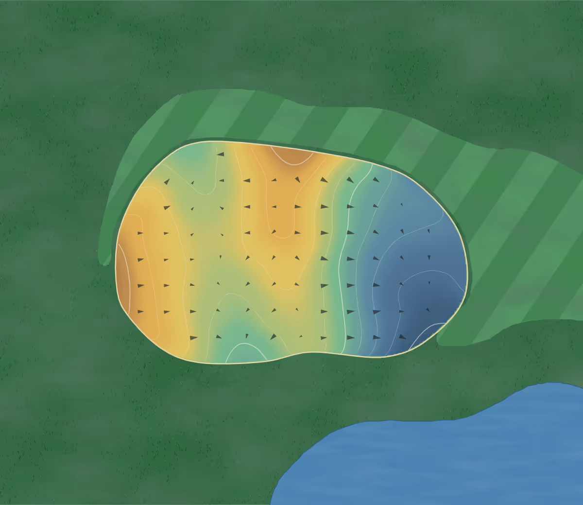 Green contour map of Red Wing Lake in Newport News, Virginia: 140 elevation contours at a 3-inch interval with fall-line arrows, traced from 1-meter lidar