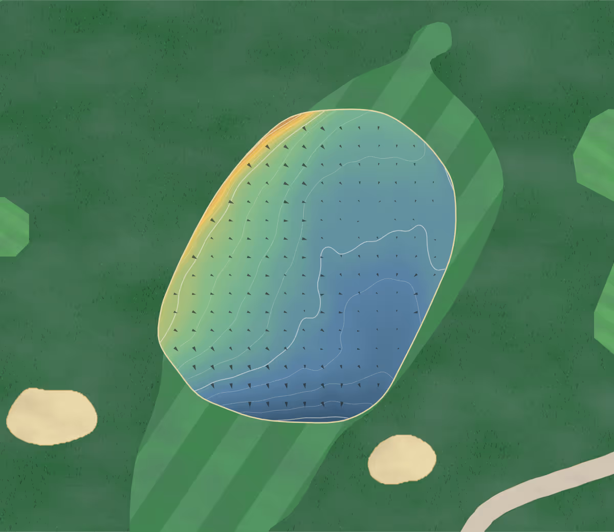 Green contour map of Reddish Vale in Stockport, England: 30 elevation contours at a 8-centimeter interval with fall-line arrows, traced from 1-meter lidar