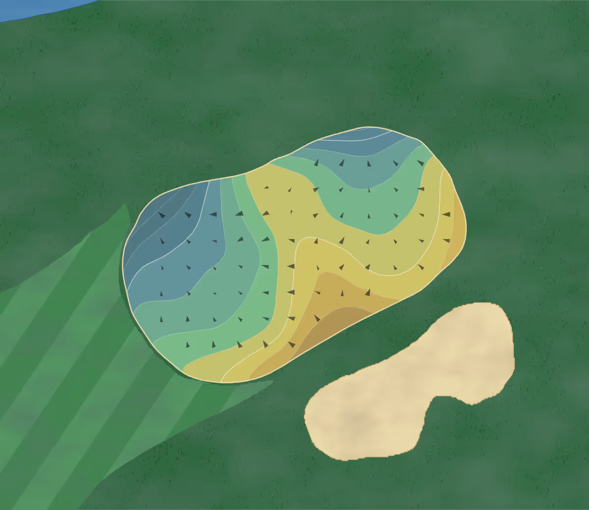 Green contour map of RedTail Golf Club in Village of Lakewood, Illinois — 158 elevation contours at a 3-inch interval with fall-line arrows, traced from 1-meter lidar