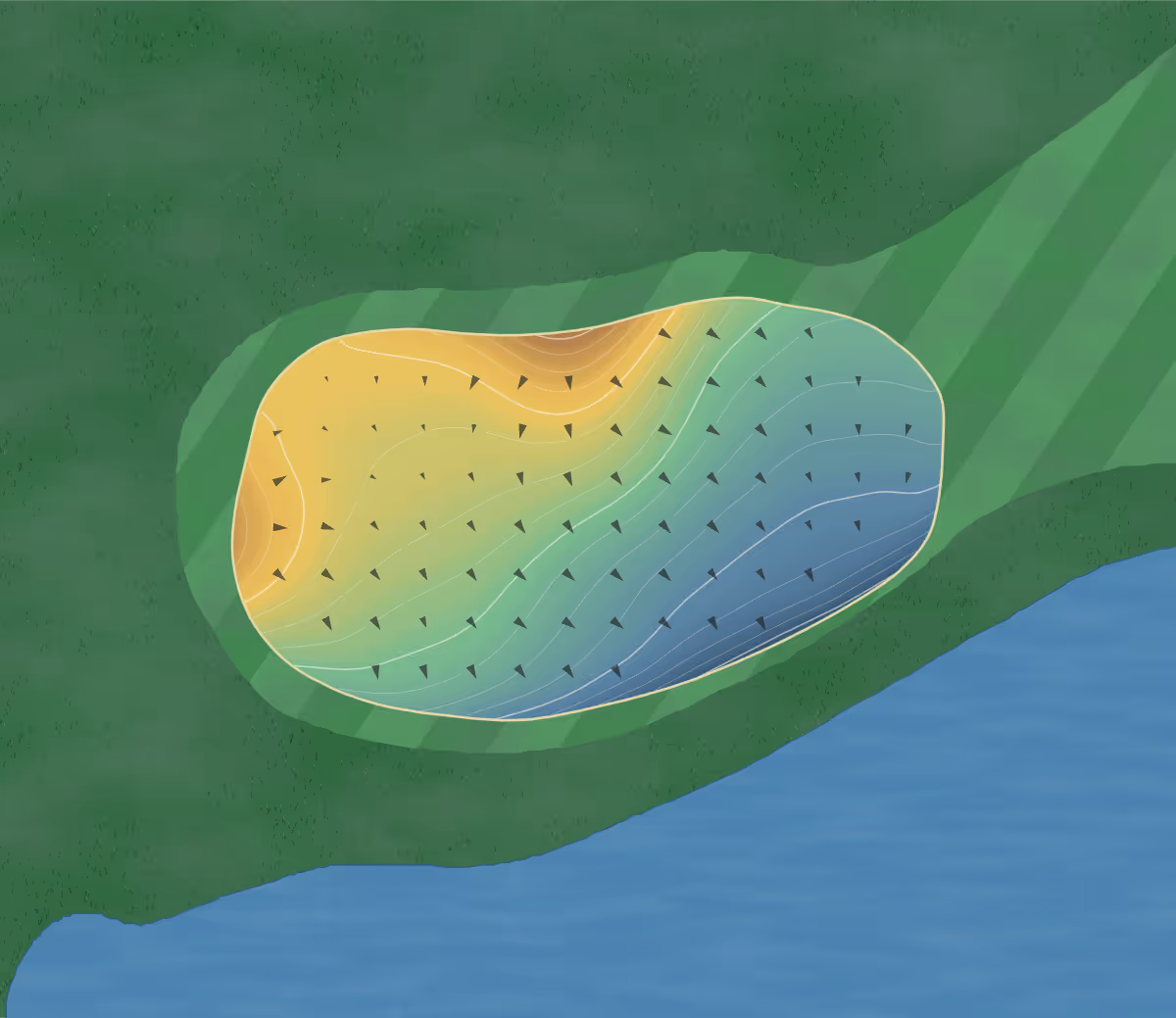 Green contour map of Redtail in Port Maitland, Canada — 174 elevation contours at a 8-centimeter interval with fall-line arrows, traced from 1-meter lidar