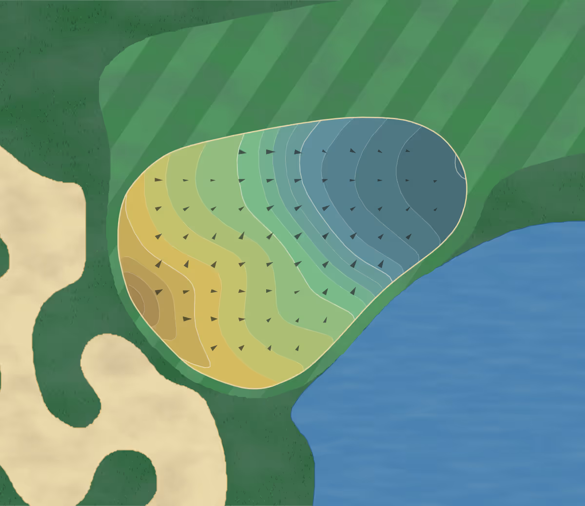 Green contour map of Andalusia in La Quinta, California — 51 elevation contours at a 3-inch interval with fall-line arrows, traced from 1-meter lidar