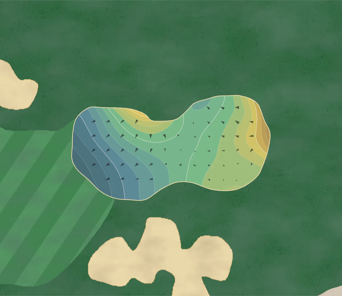 Green contour map of The Refuge in Oak Grove, Minnesota — 264 elevation contours at a 3-inch interval with fall-line arrows, traced from 1-meter lidar
