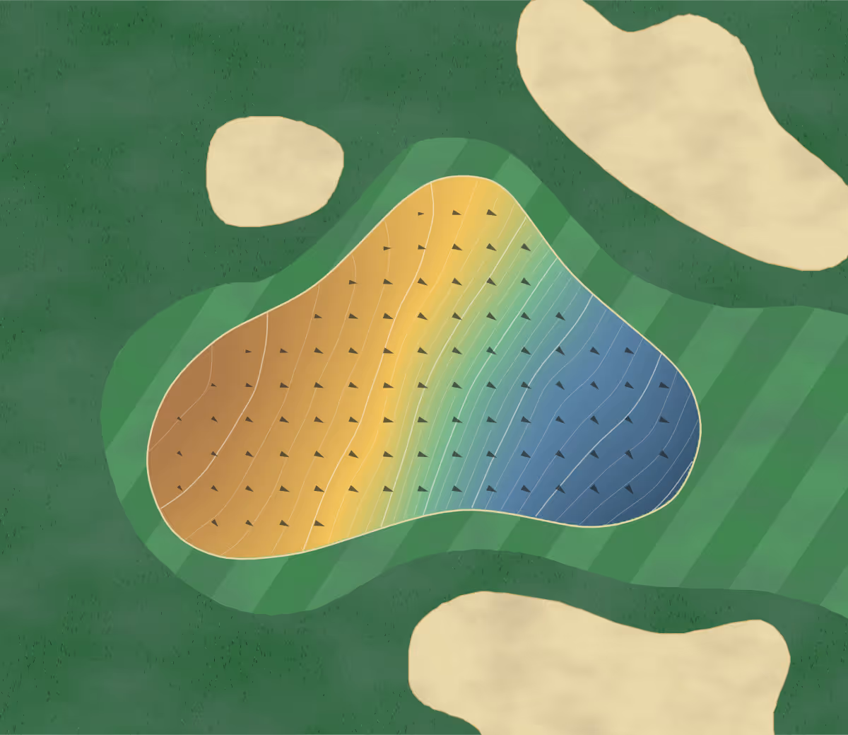 Green contour map of Regent Miyazaki in Yamada, Japan: 200 elevation contours at a 8-centimeter interval with fall-line arrows, traced from 1-meter lidar