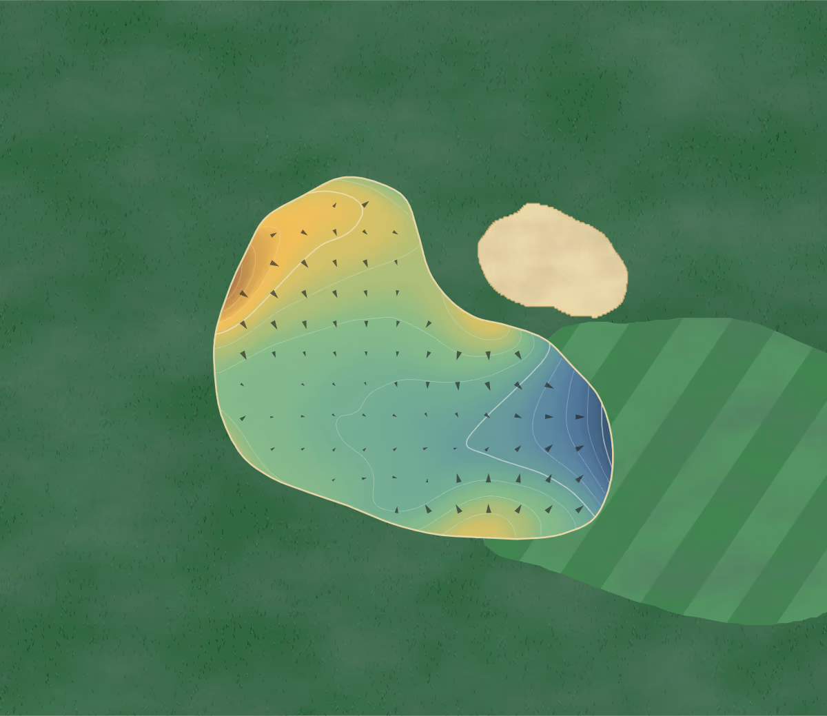 Green contour map of Regent Park in Bolton, England: 176 elevation contours at a 8-centimeter interval with fall-line arrows, traced from 1-meter lidar