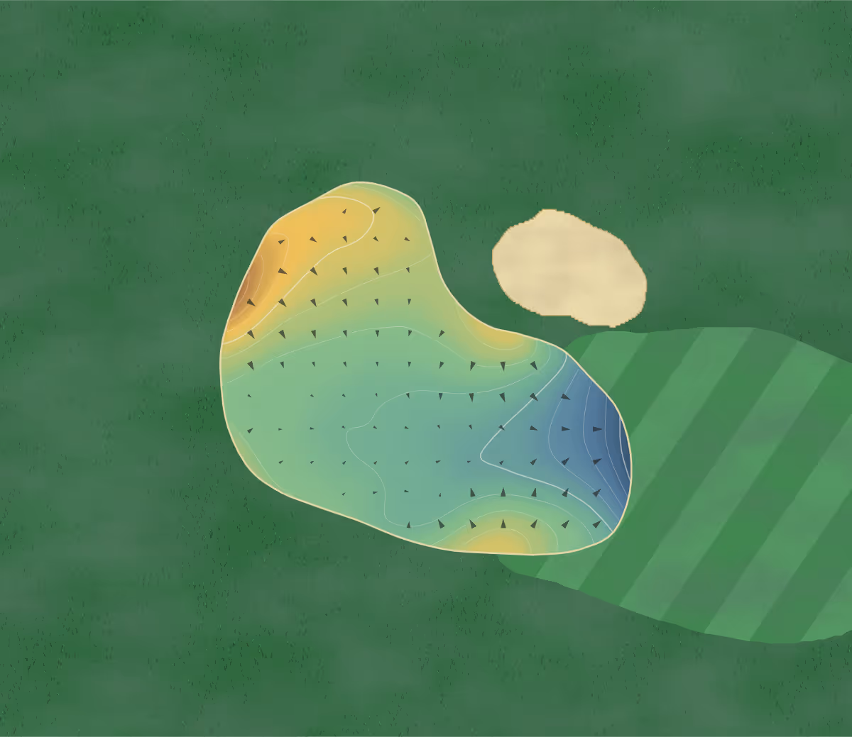 Green contour map of Regent Park in Bolton, England — 176 elevation contours at a 8-centimeter interval with fall-line arrows, traced from 1-meter lidar